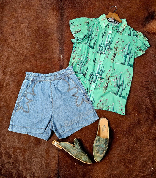 Green Cowboys & Cactus Flutter Sleeve Top #6749