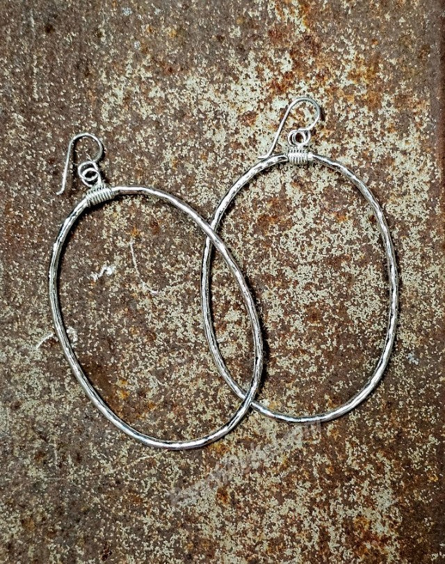 Sterling Silver Large Hammered Oval Hoops #6780