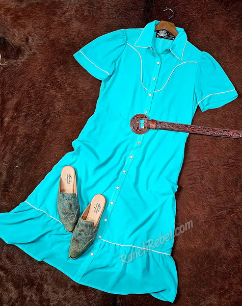 Western Pearl Snap Turquoise Dress #6827