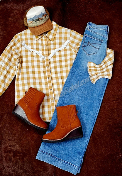 Brown Gingham Ruffle Top #6837