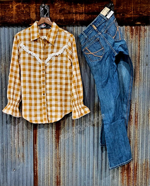 Brown Gingham Ruffle Top #6837