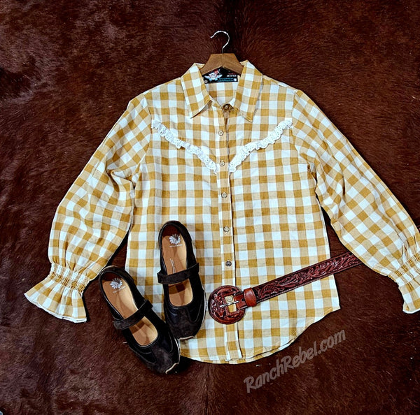 Brown Gingham Ruffle Top #6837