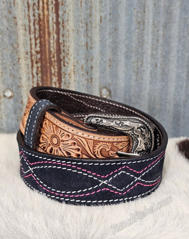 Navy & Pink Bootstitch Suede Belt #6842