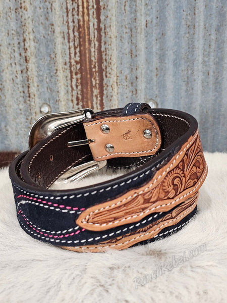Navy & Pink Bootstitch Suede Belt #6842