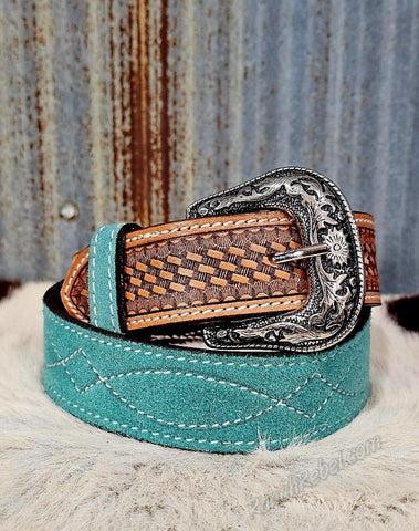 Turquoise Bootstitch Suede Belt #6845