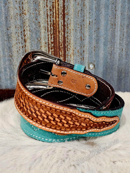 Turquoise Bootstitch Suede Belt #6845