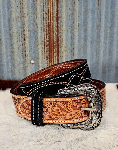 Black & Orange Bootstitch Suede Belt #6844