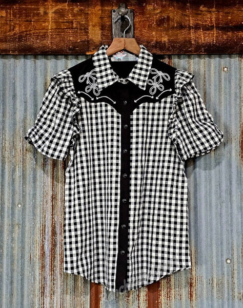 Black Gingham Ruffle Pearl Snap #6852