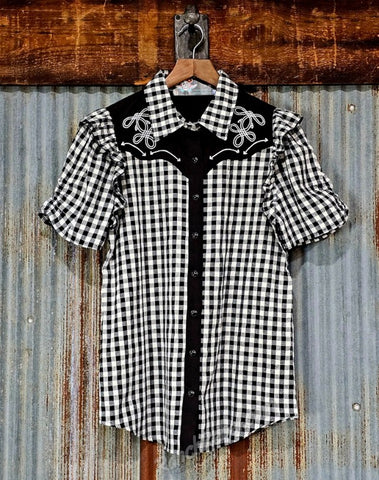 Black Gingham Ruffle Pearl Snap #6852