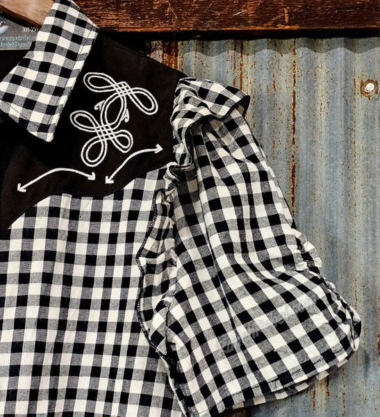 Black Gingham Ruffle Pearl Snap #6852
