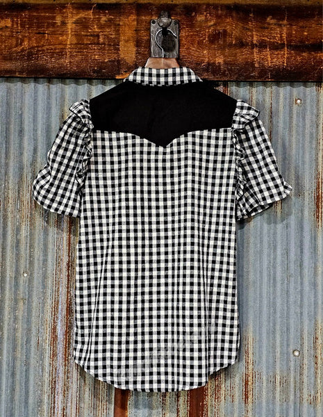 Black Gingham Ruffle Pearl Snap #6852
