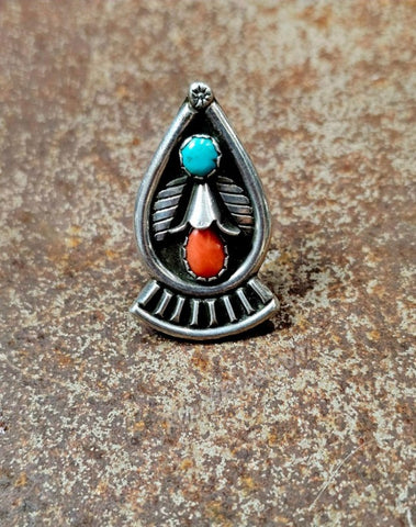 Vintage Sterling Silver Turquoise & Coral Ring Size 7.5 #6859