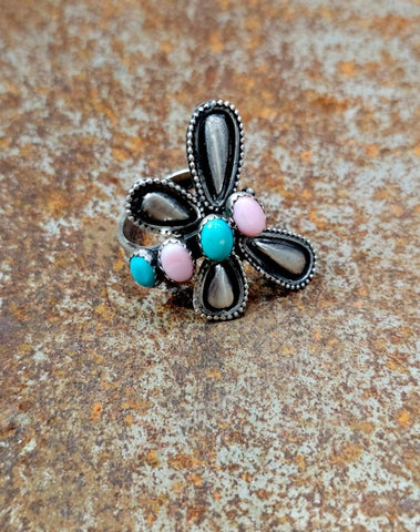 Turquoise & Pink Conch Adjustable Butterfly Ring #6877