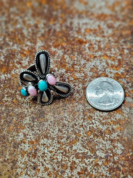 Turquoise & Pink Conch Adjustable Butterfly Ring #6877
