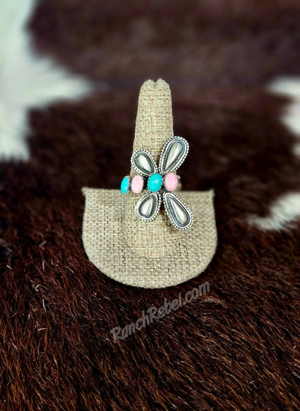 Turquoise & Pink Conch Adjustable Butterfly Ring #6877