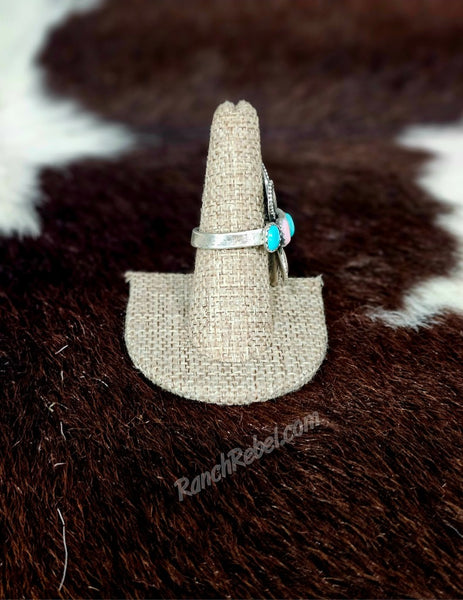 Turquoise & Pink Conch Adjustable Butterfly Ring #6877