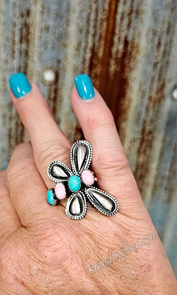 Turquoise & Pink Conch Adjustable Butterfly Ring #6877