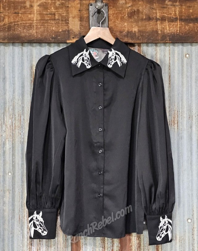 Black Embroidered Horse Button Up #6902