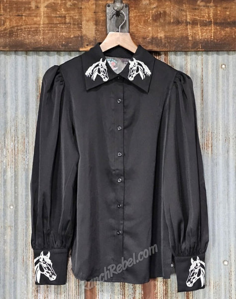 Black Embroidered Horse Button Up #6902