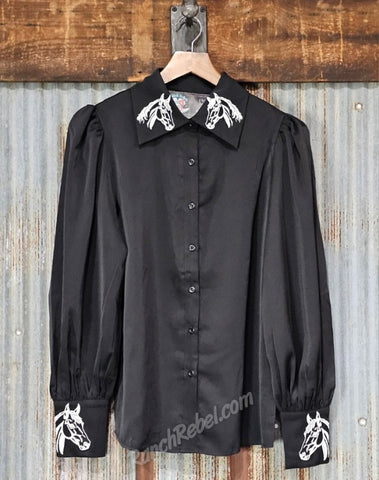 Black Embroidered Horse Button Up #6902
