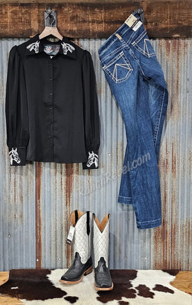 Black Embroidered Horse Button Up #6902