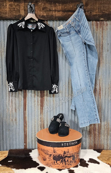 Black Embroidered Horse Button Up #6902