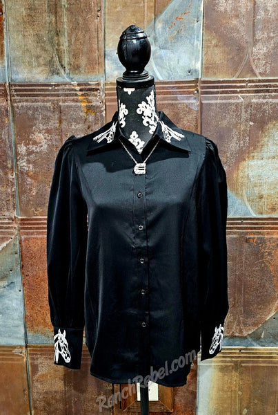 Black Embroidered Horse Button Up #6902