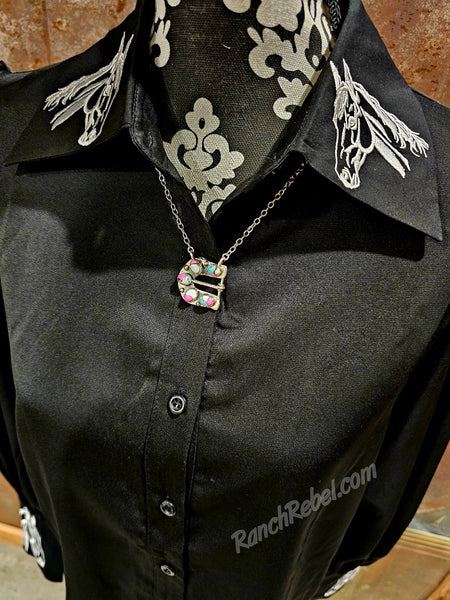 Black Embroidered Horse Button Up #6902