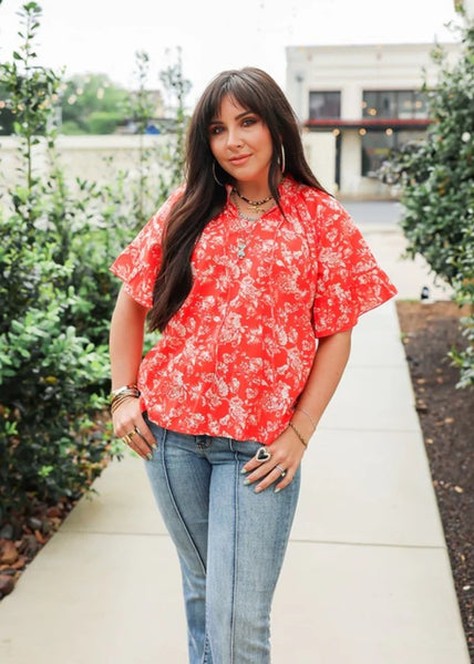 The Bell Top in Red Floral #6306