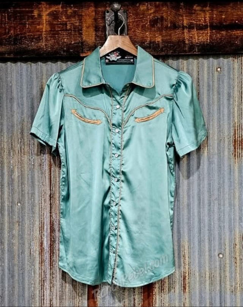 Teal Satin Arrow Pearl Snap #6213