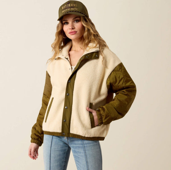 Ariat Sherpa Blocked Jacket in Parchment & Moss Green #6913
