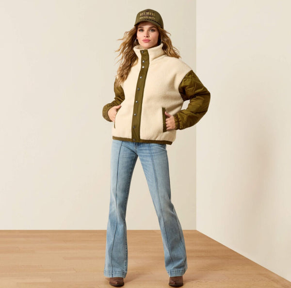 Ariat Sherpa Blocked Jacket in Parchment & Moss Green #6913